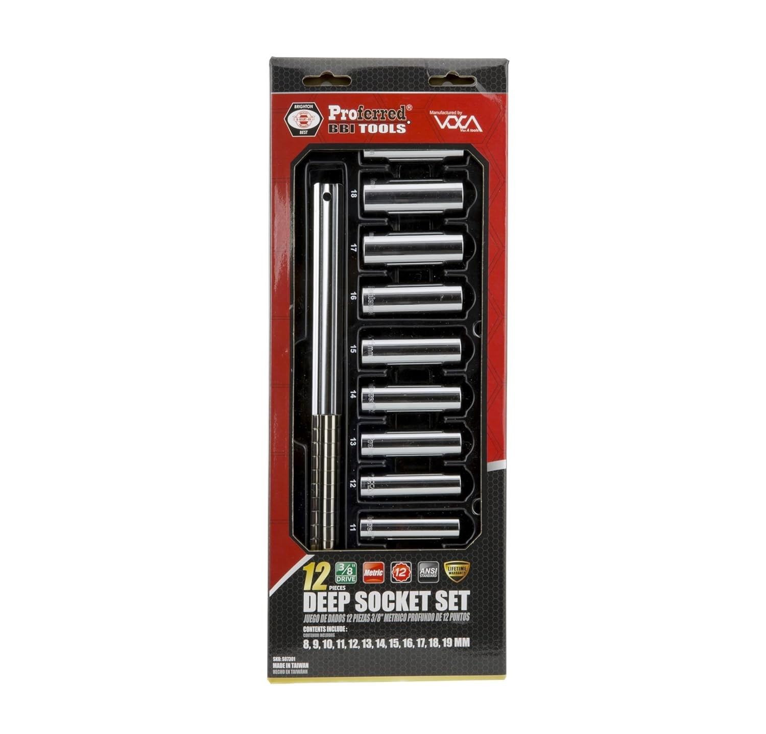 3/8 Inch Drive Metric Socket Set 12 Pieces Deep Chrome Steel Tool Kit