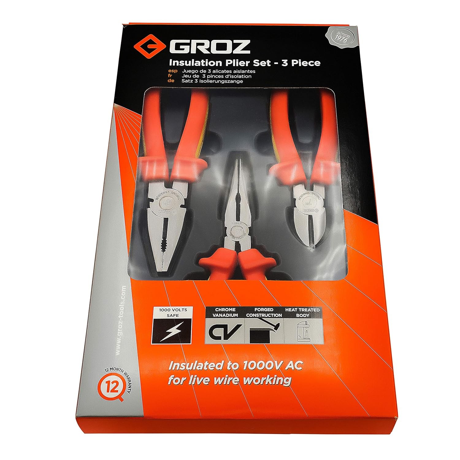 Groz 31570 3 Piece Plier Set with 1000V TPR Grip Chrome