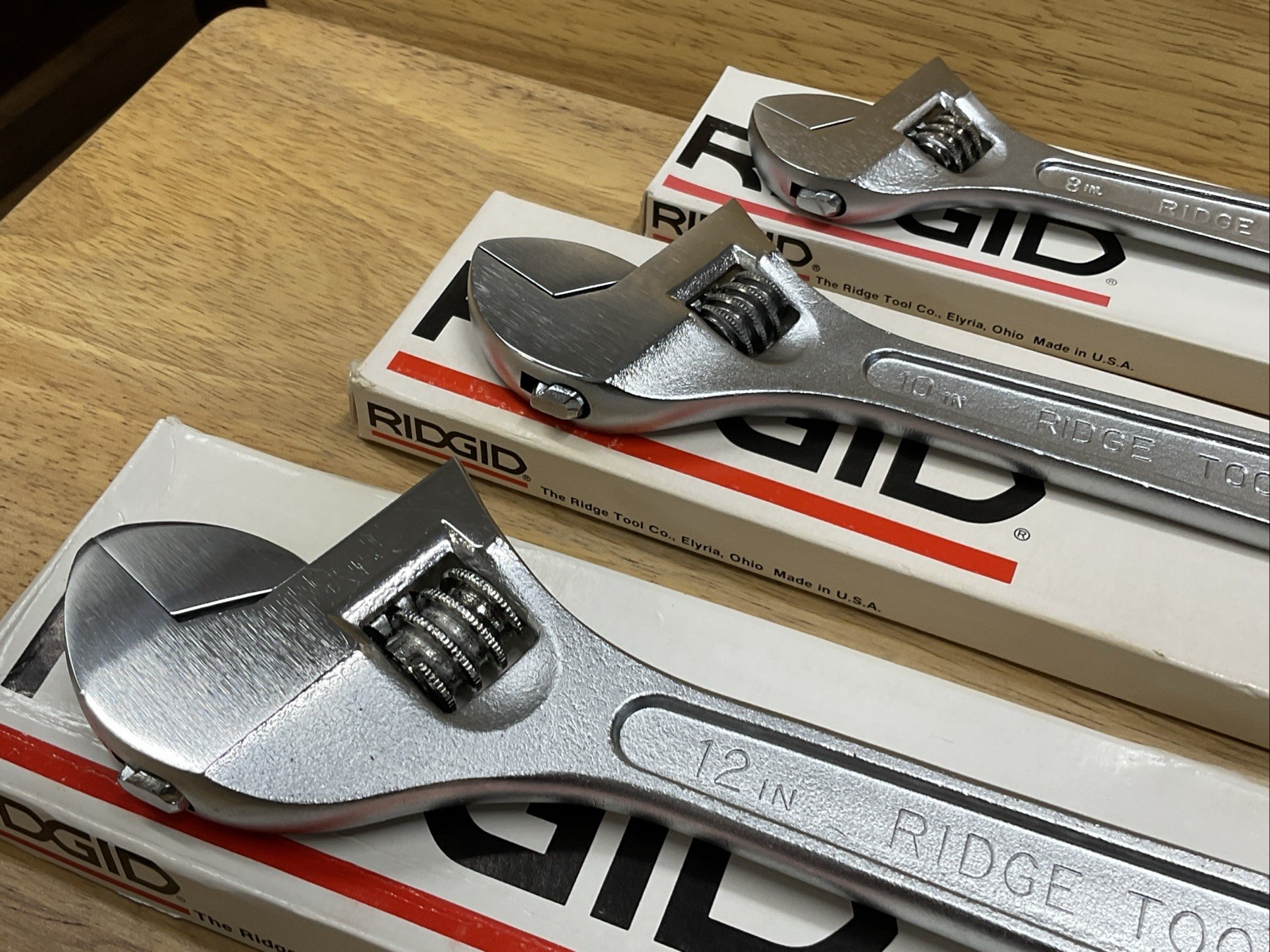 Vintage NOS Ridge Tool Co Ridgid 3 Pc Adjustable Wrench Set 8″ 10″ 12″ USA