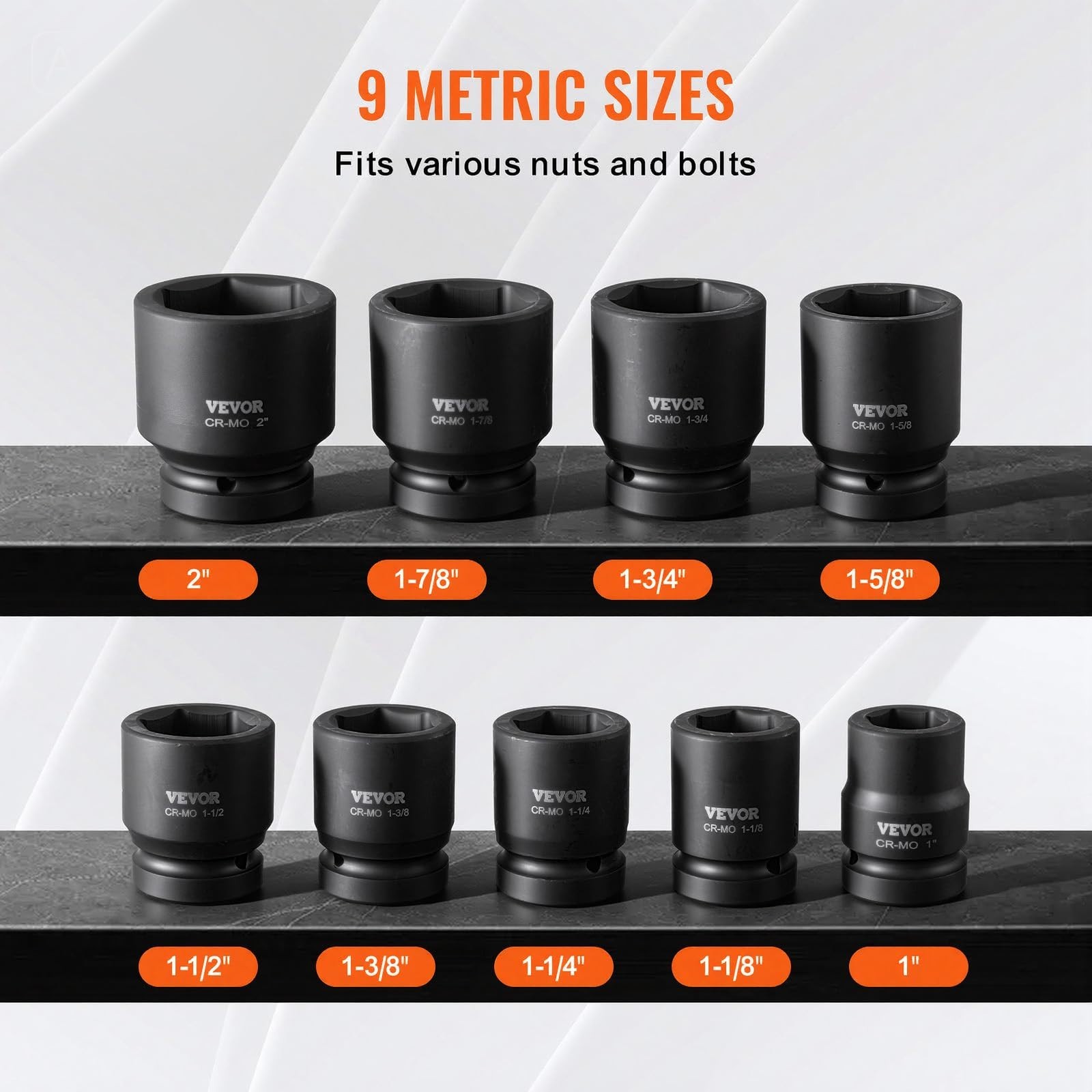 9-Piece 1″ Drive Axle Nut Impact Socket Set – 6-Point CR-MO Heavy Duty with Case