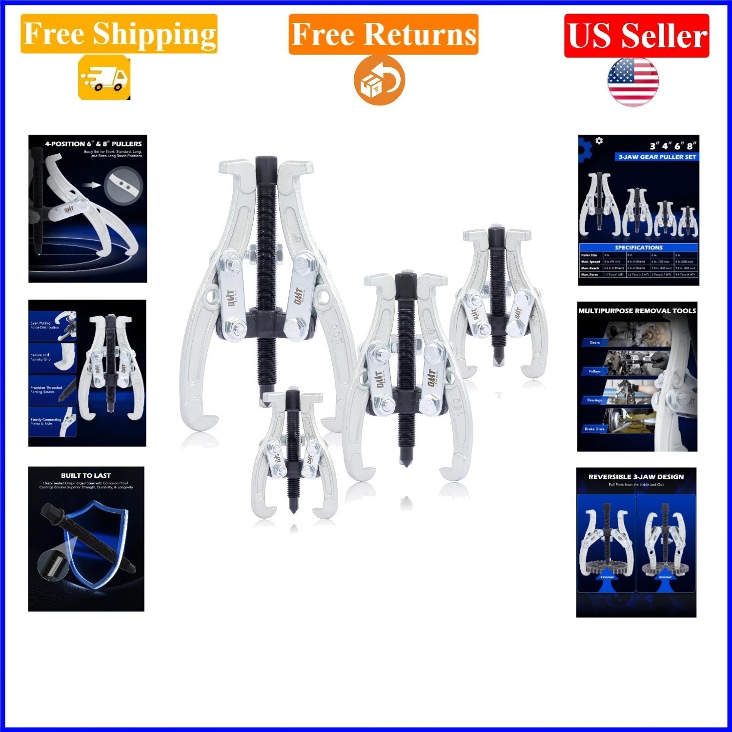 Heavy Duty Gear Puller Set 3-8 inch, 4 pcs with Reversible Jaws