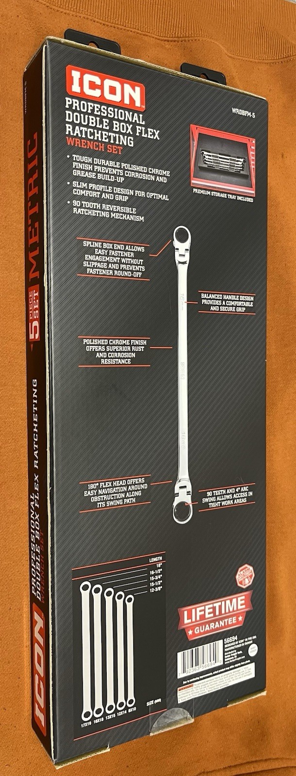 ICON WRDBFM Long Double Box Flex Head Ratcheting Wrench /5 Szs/2nd+ ships $2 ea