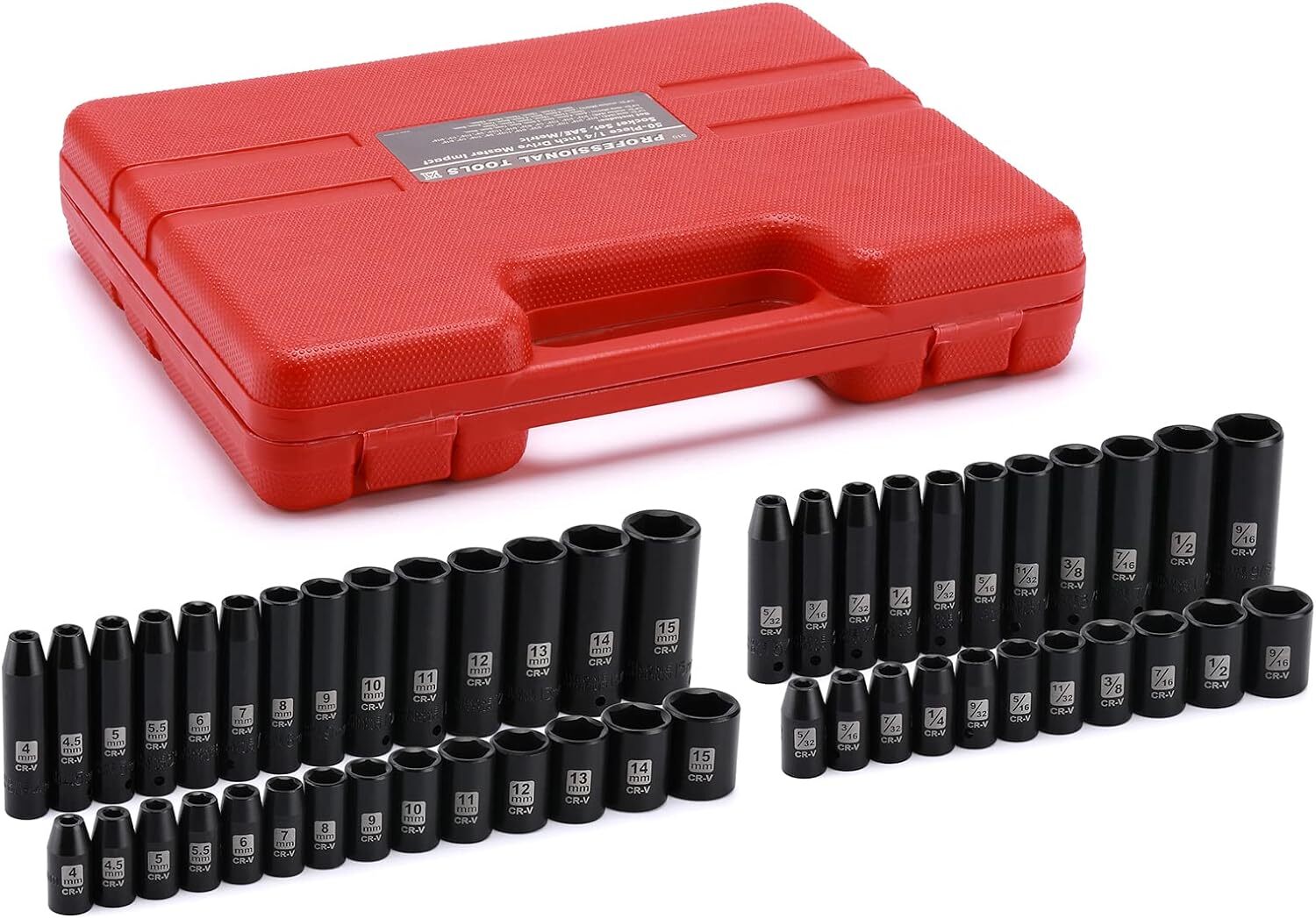 50PCS 1/4″ Drive Master Impact Socket Set,Deep & Shallow,Metric/SAE,6 Point,CR-V