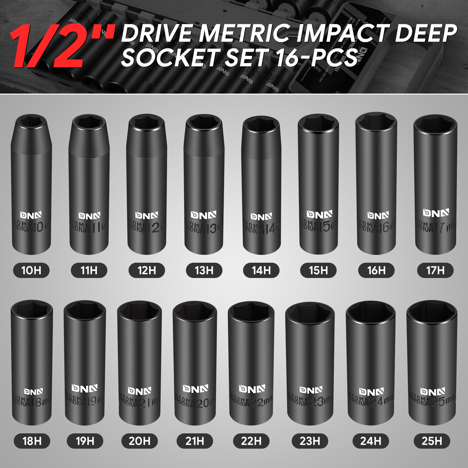10-25mm Chromium-Vanadium Steel 6-Point Hex 1/2″ Deep Impact Socekt Set 16Pcs