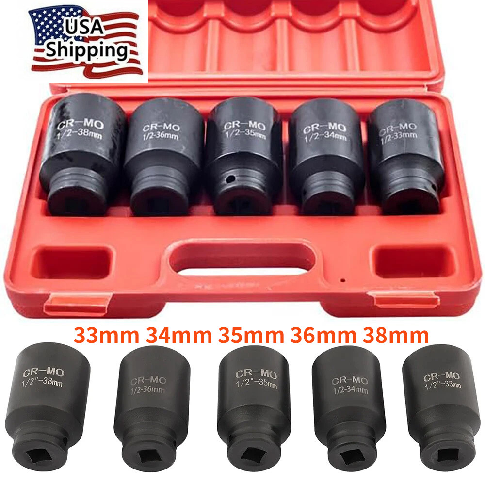 5Pcs 1/2″ Drive Deep Impact Axle Hub Socket Set 6 Point 33mm 34mm 35mm 36mm 38mm