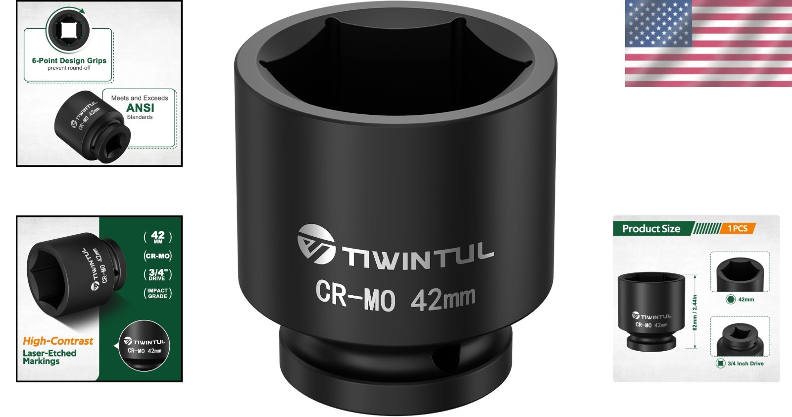 TIWINTUL 3/4 Inch Drive Metric Impact Socket 42mm, 6-Point 42mm (Standard)