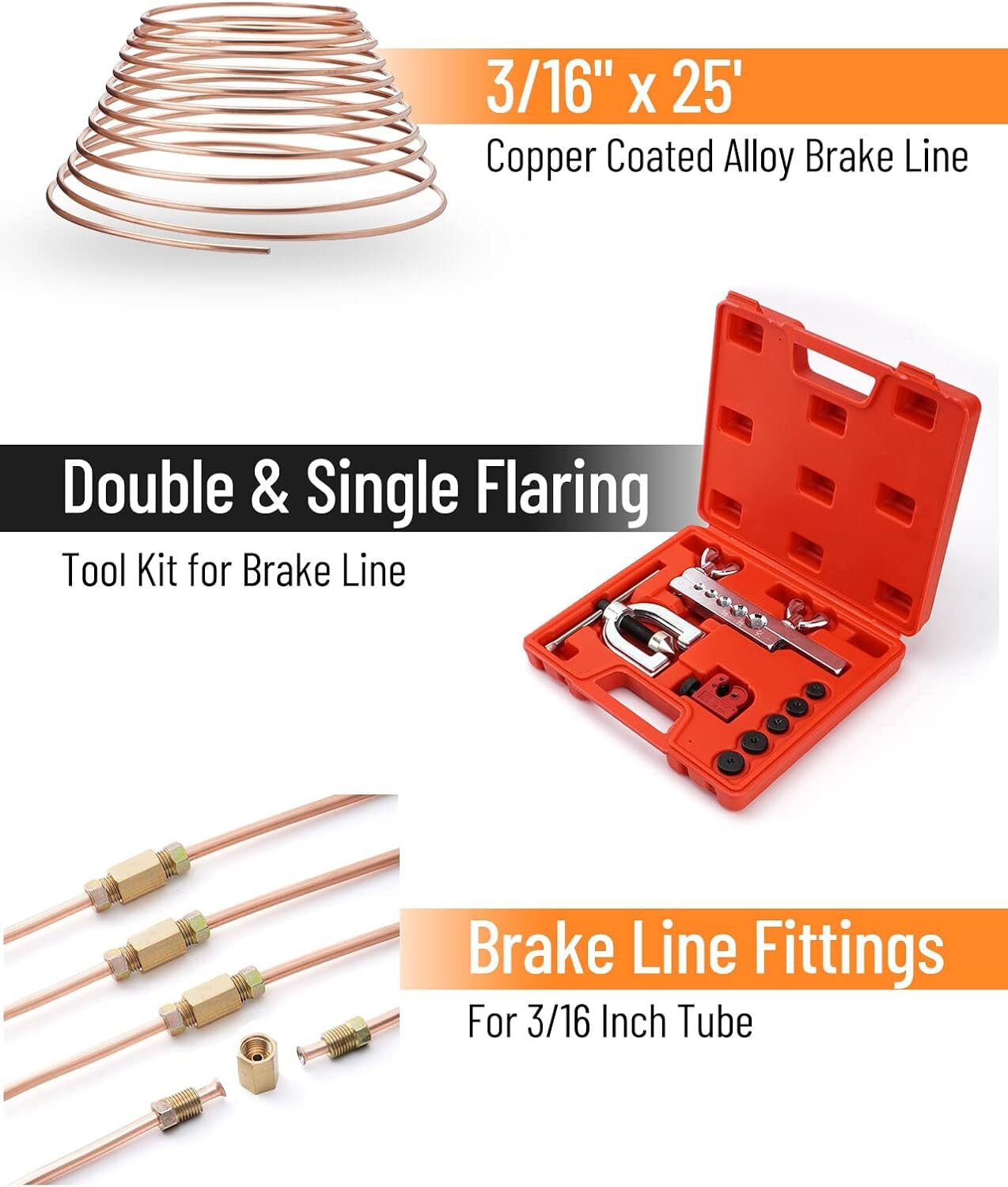 25 ft 3/16 Copper Coated Brake Line Flaring Tool Tube Bender + 20 Fittings Nuts