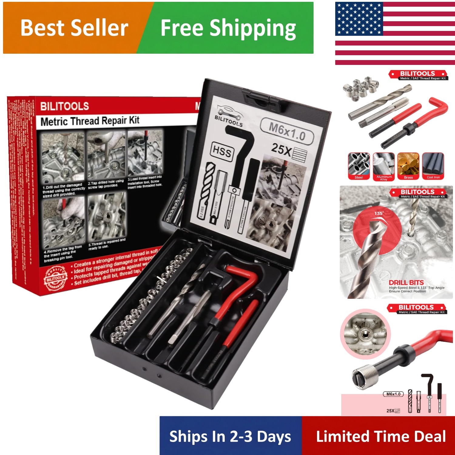 High-Efficiency M6x1.0 Thread Repair Kit – Complete Tool Set in Iron Case