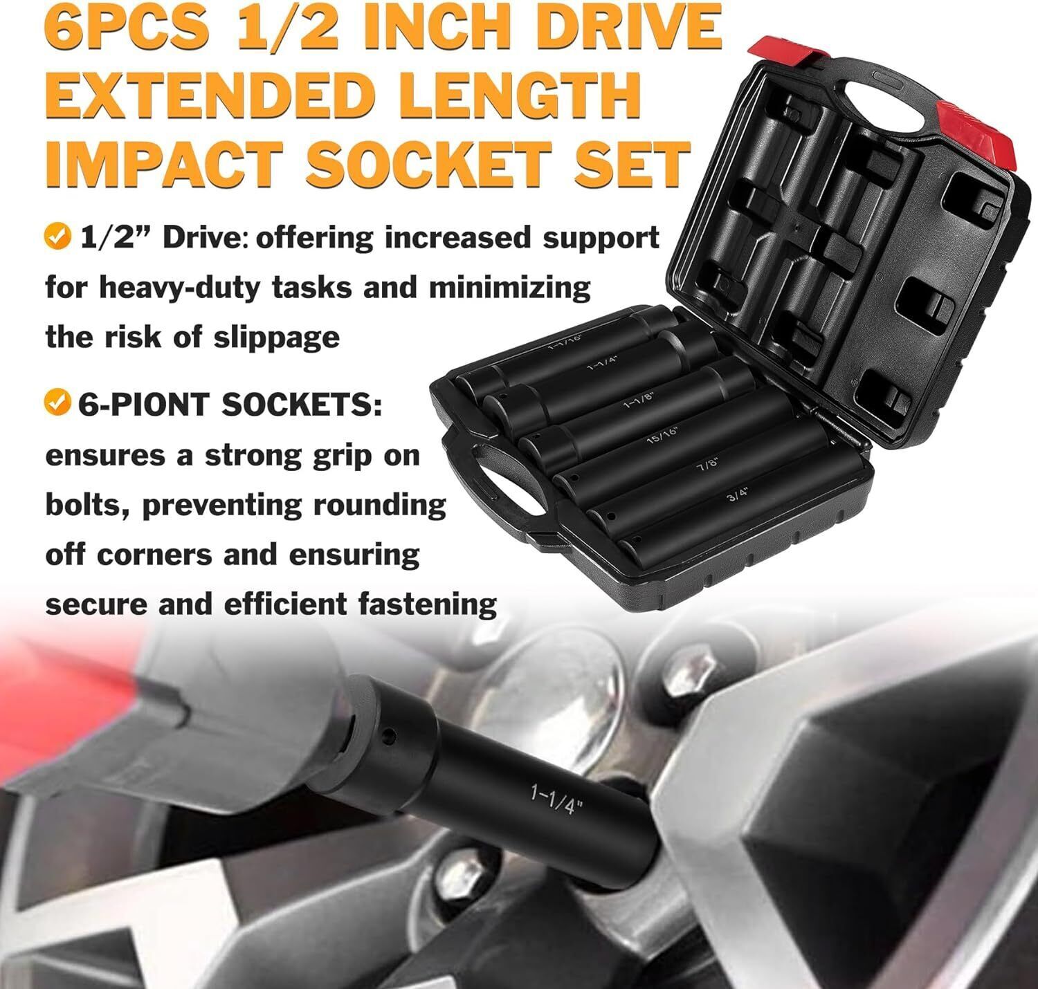 1/2 Inch Drive Heavy Duty Extended Length Extra-Deep Length Impact Socket Set