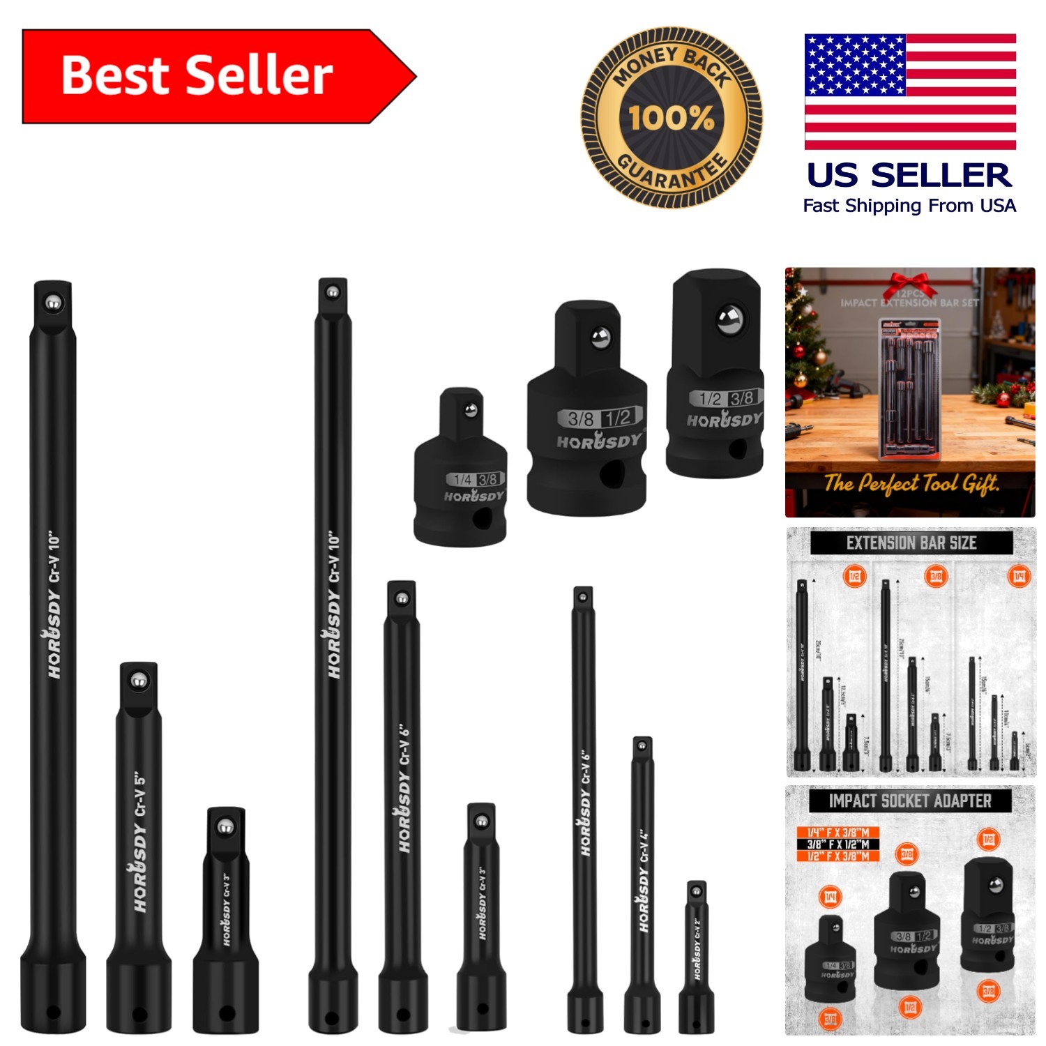 12-Piece Impact Drive Socket Extension Set in CR-V Steel, Multiple Sizes