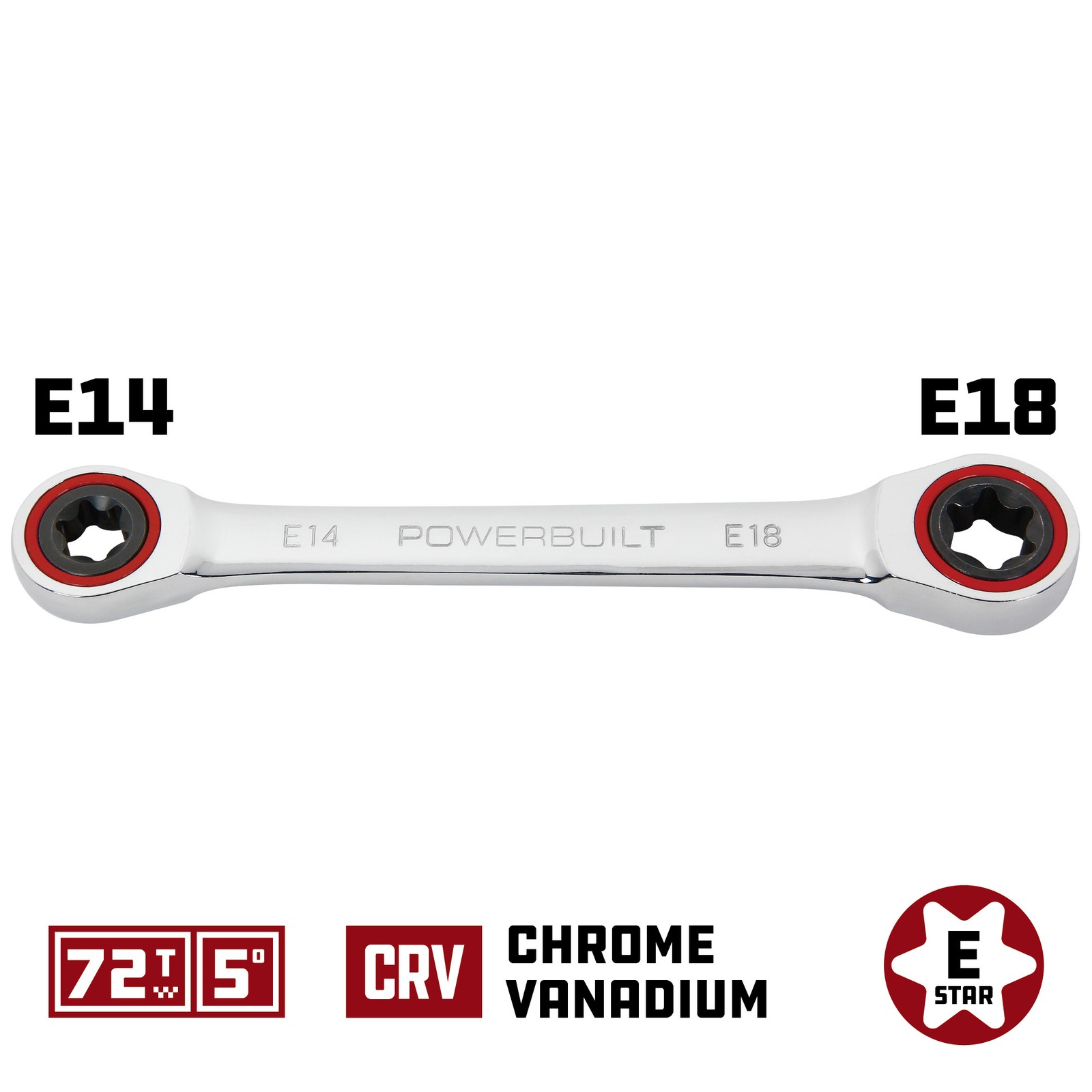 Powerbuilt Ratcheting Double Box-End E-Star Wrench – E14/E18 – 641761