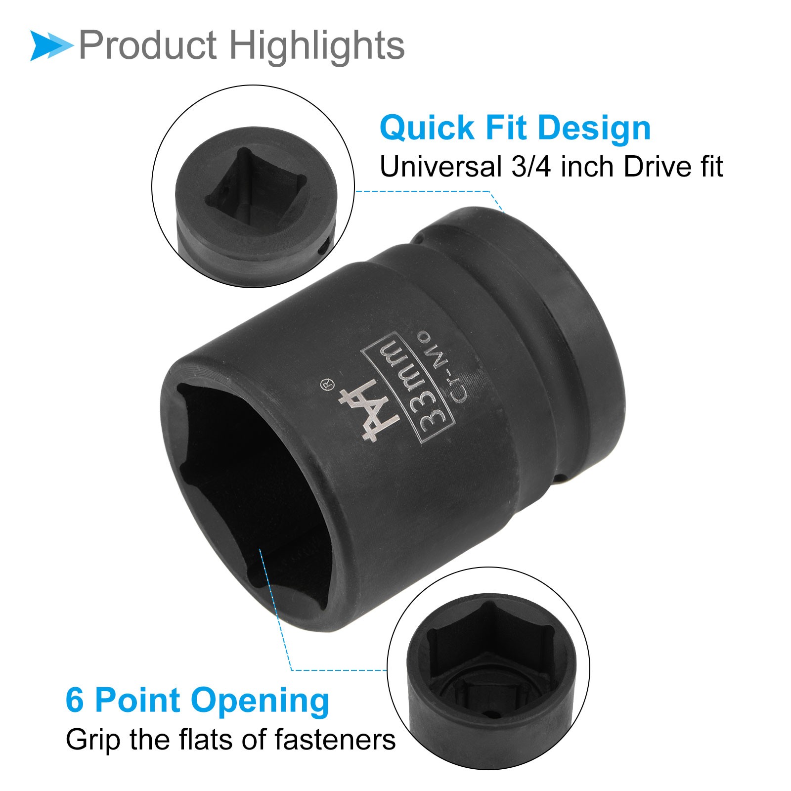 6-Point Shallow Impact Socket 3/4-Inch Drive 33mm Socket Cr-Mo Axle Nut
