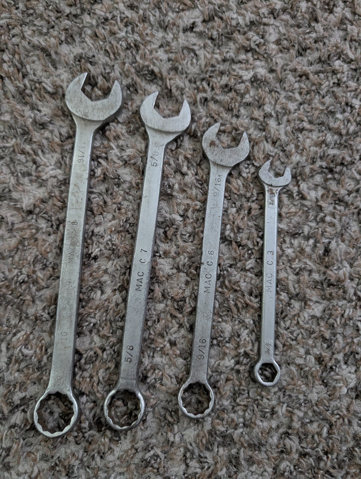 Vintage MAC Tools Combination Wrench Lot C8 C7 C6 C3 11/16 5/8 9/16 3/8 USA