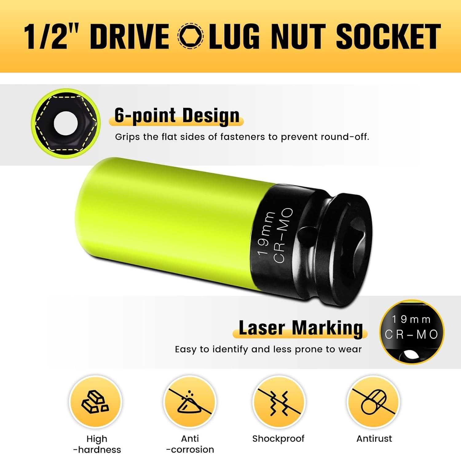 19mm 1/2″ Drive Wheel Protector Impact Socket, Non-Marring Lug Nut Thin Wall …