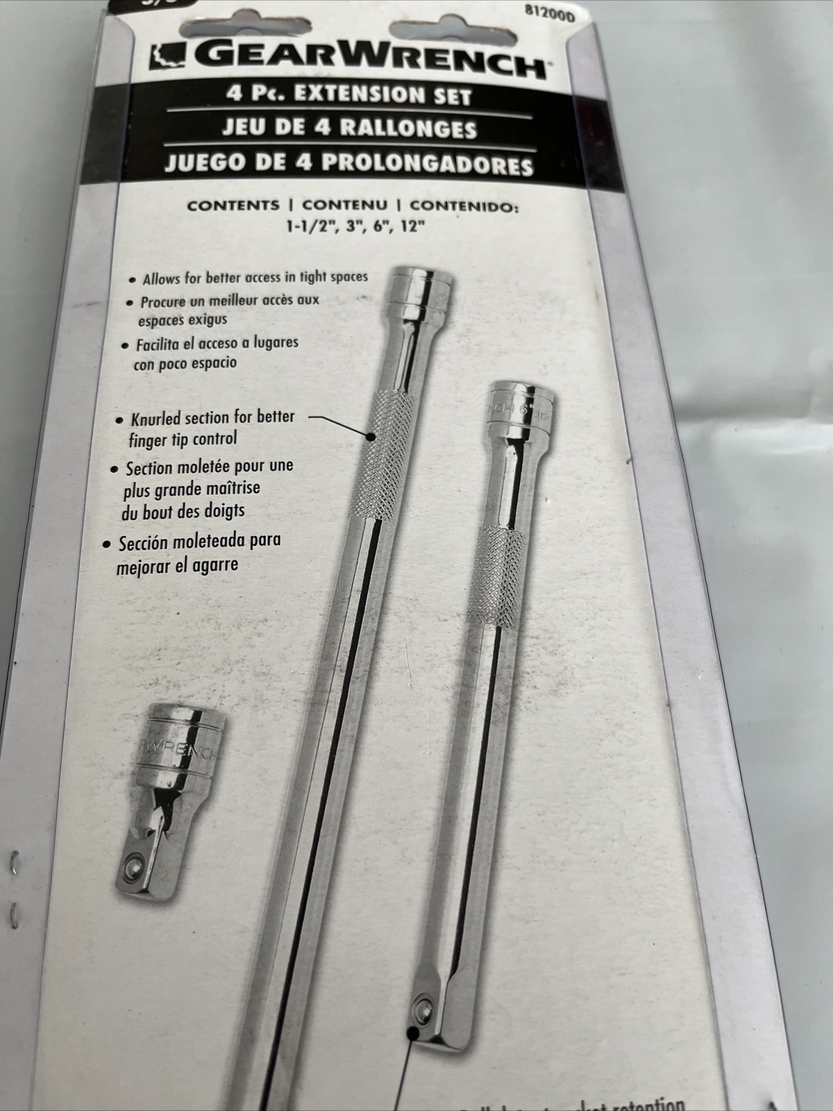 Gearwrench 4pc 3/8″ drive Knurled Extension Set 1.5″, 3″, 6″ & 12″ #81200D