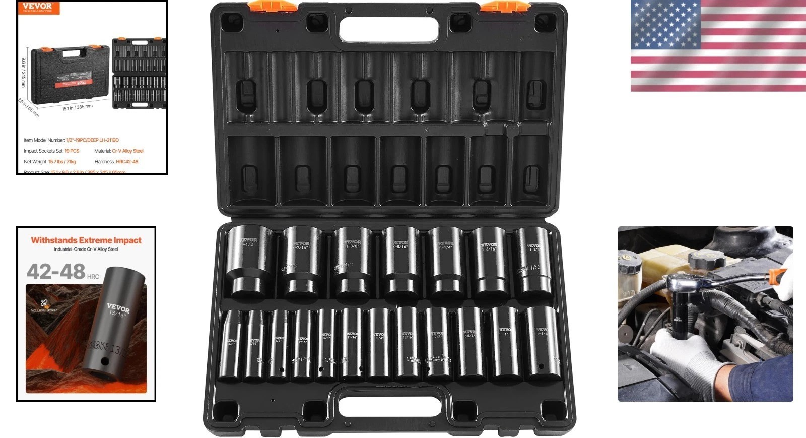 High-Performance 19-Piece Impact Socket Set with Deep Sockets – 1/2 Inch Drive