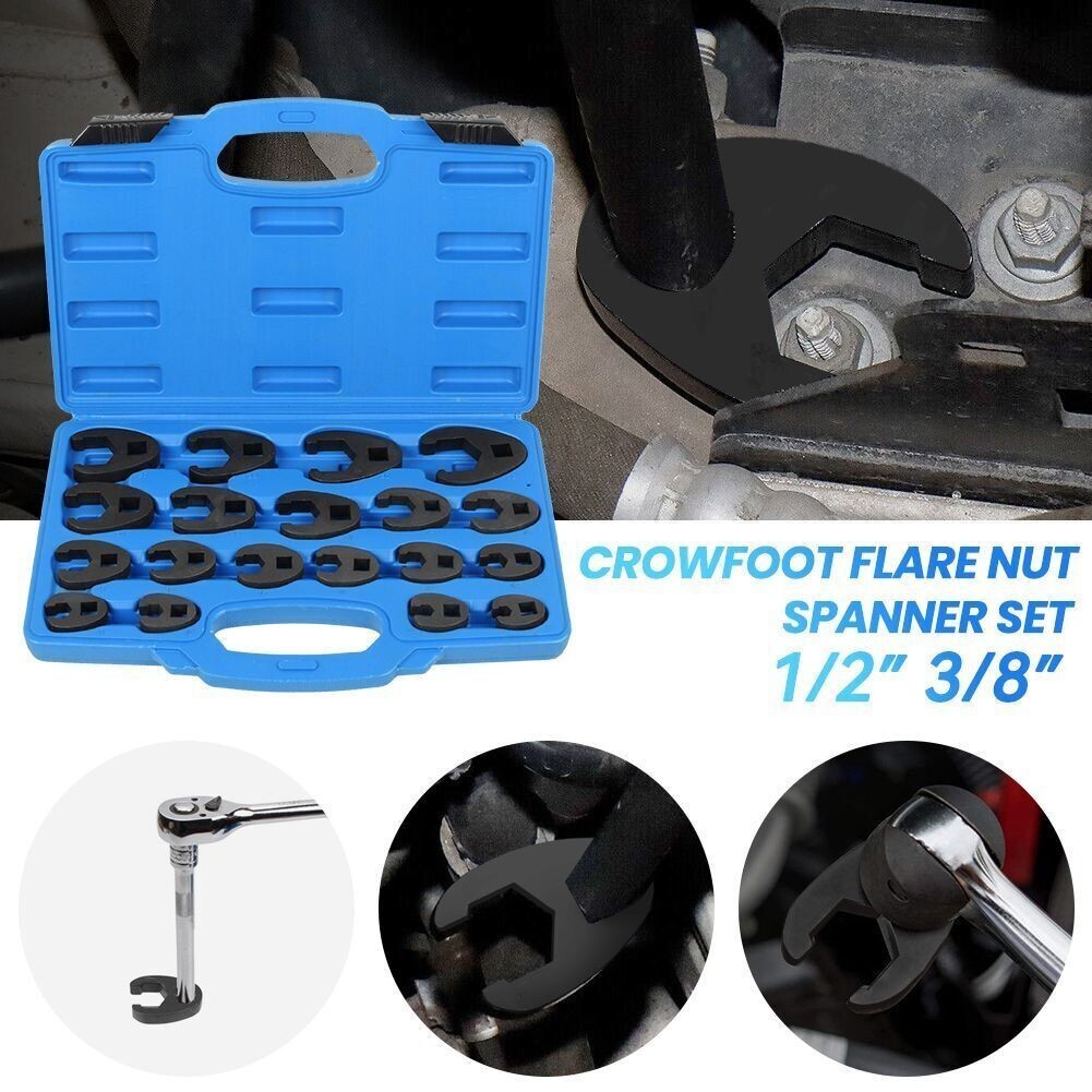 19PCS Flare Nut Crowfoot Wrench Set Metric Crows Foot Wrench Kit 3/8″ 1/2″ Drive