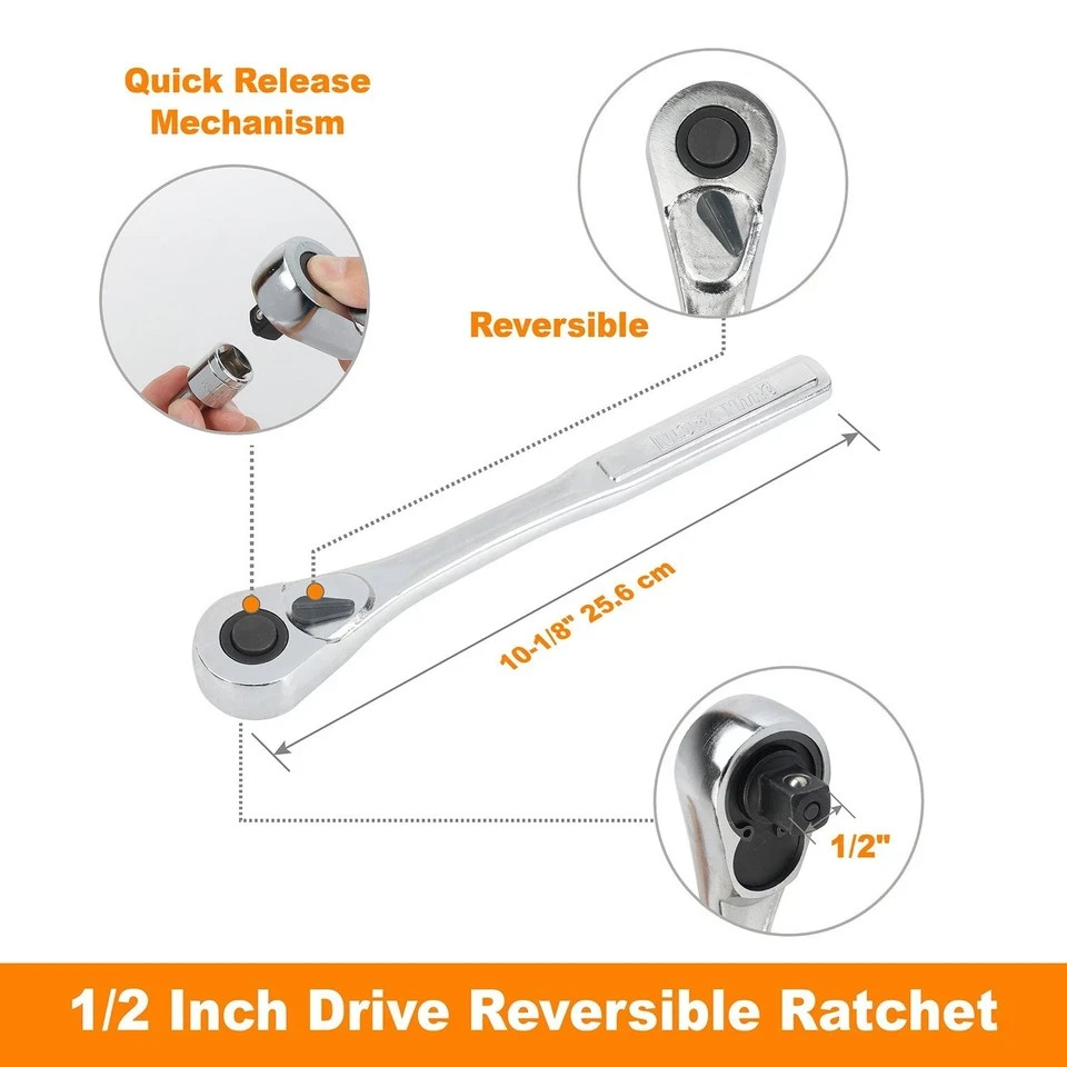 WORX 30Pc 1/2″ Drive 6 Point Socket Set Metric SAE Heavy Duty Ratchet Tool Kit