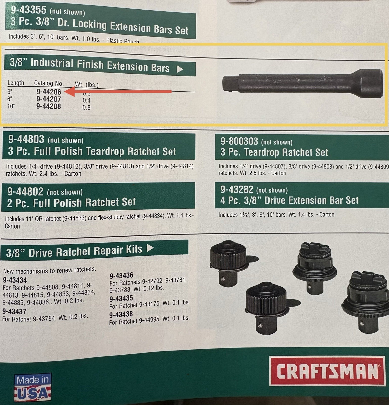 Rare Sears Craftsman 3/8” Drive Industrial Finish Extension Bar 3” 44206 USA