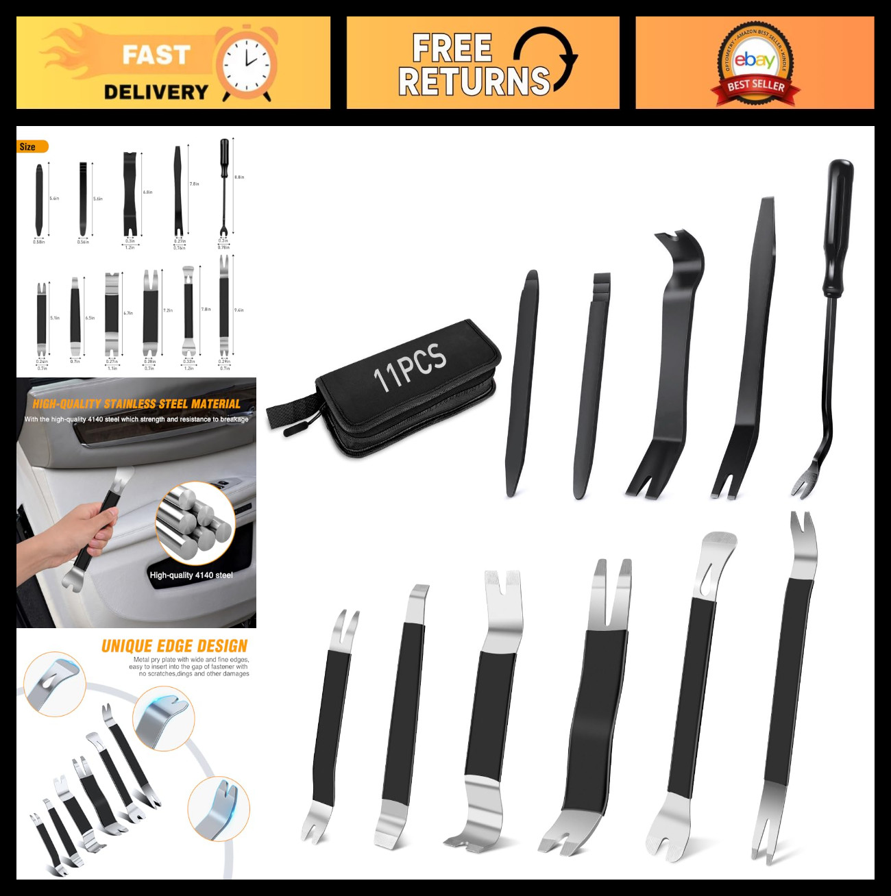 11PCS Trim Removal Tool Kit – Metal & Nylon Pry Tools for Car Panels, Dashboard,