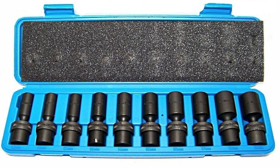 10 pcs 3/8″ Drive Universal Swivel Deep Impact Socket Set CR Molybdenum Metric