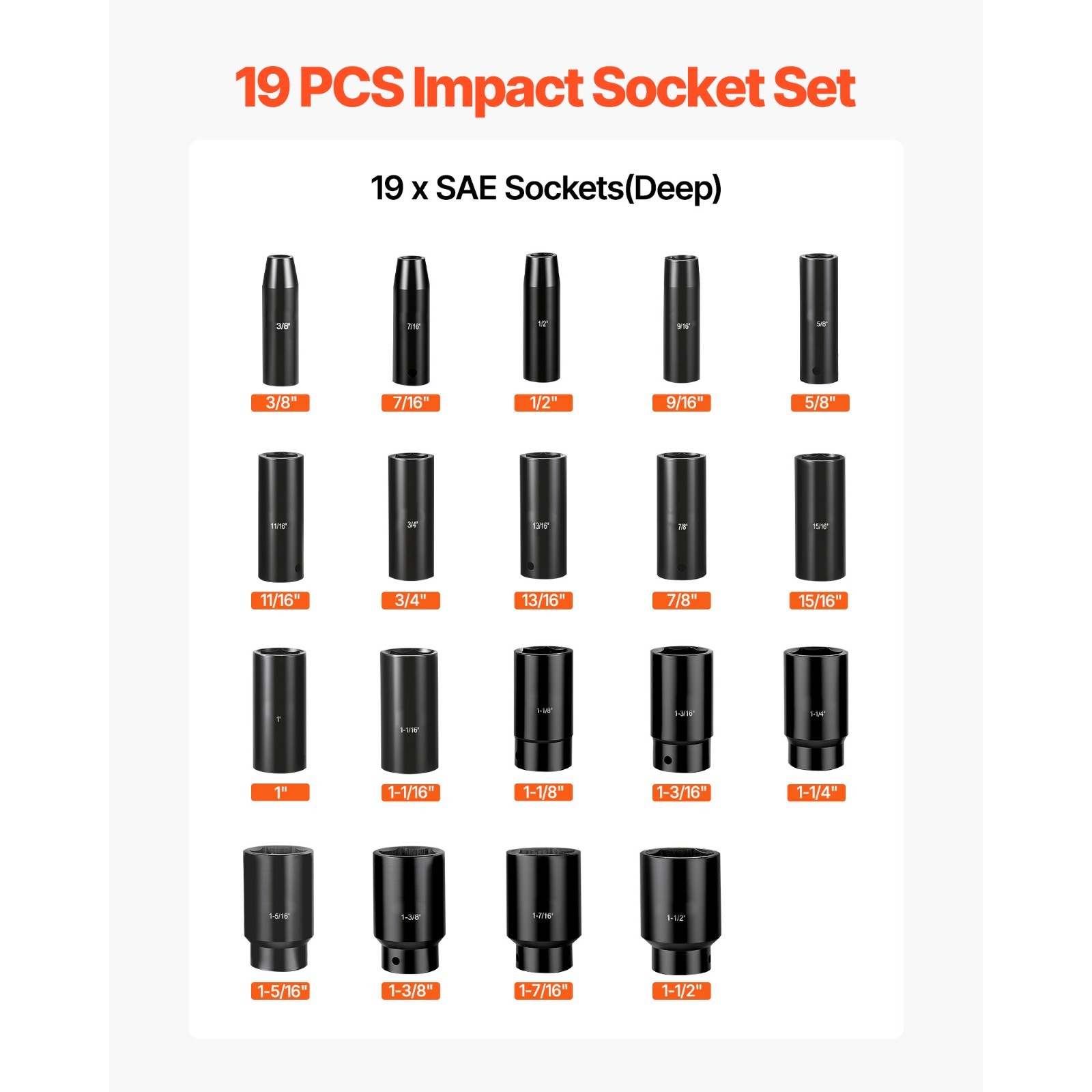 19Pcs 1/2″ Drive Impact Socket Set Deep 6 Point CR-V Steel SAE 3/8″ to 1-1/2″ He