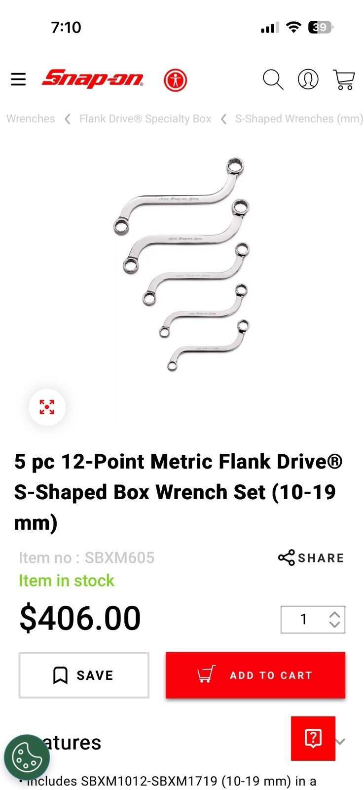 Snap On 5 pc 12-Point Metric Flank Drive® S-Shaped Box Wrench Set (10–19 mm)