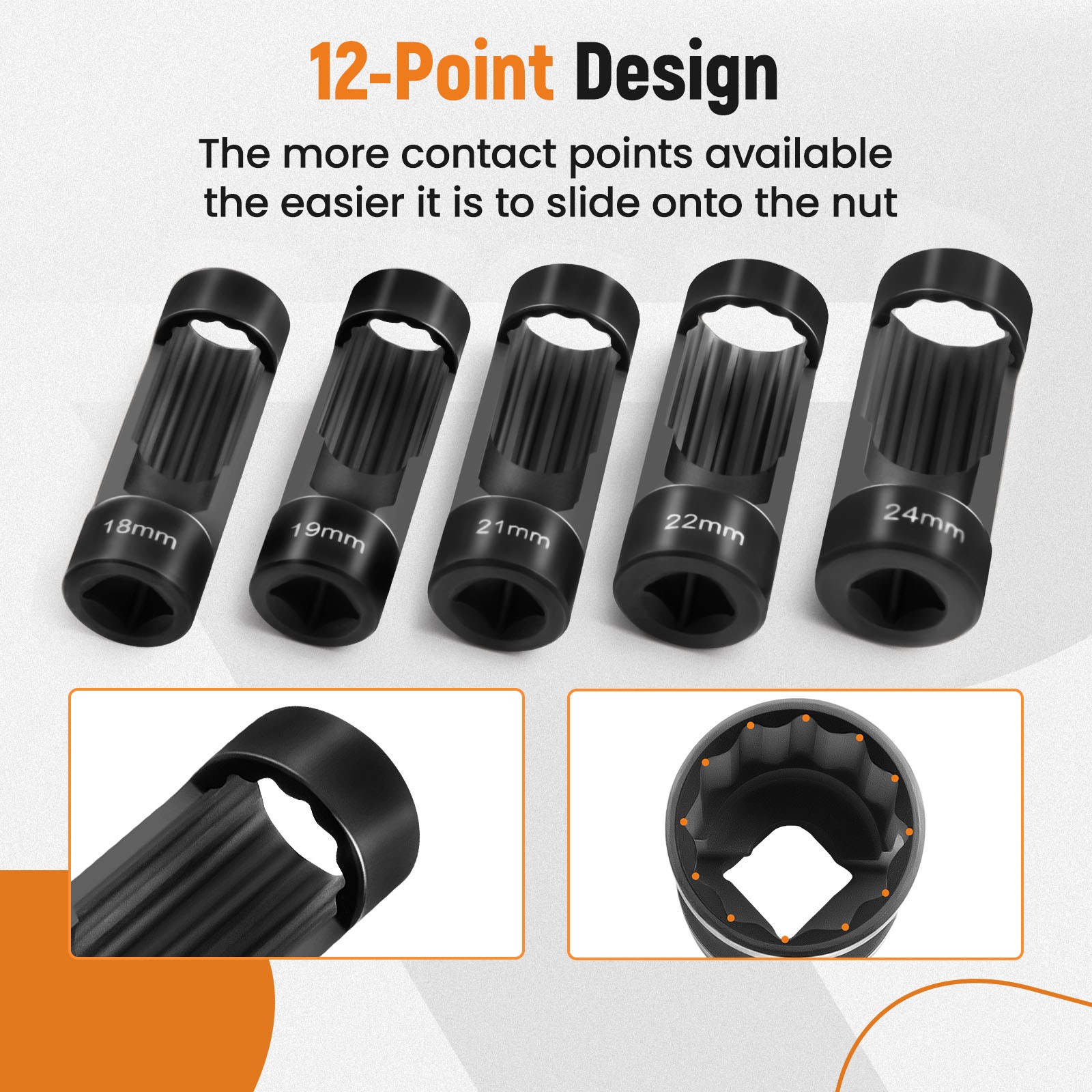 (5PCS) Strut Nut Socket 18mm 19mm 21mm 22mm 24mm w/ 12 Point 1/2″ Drive New