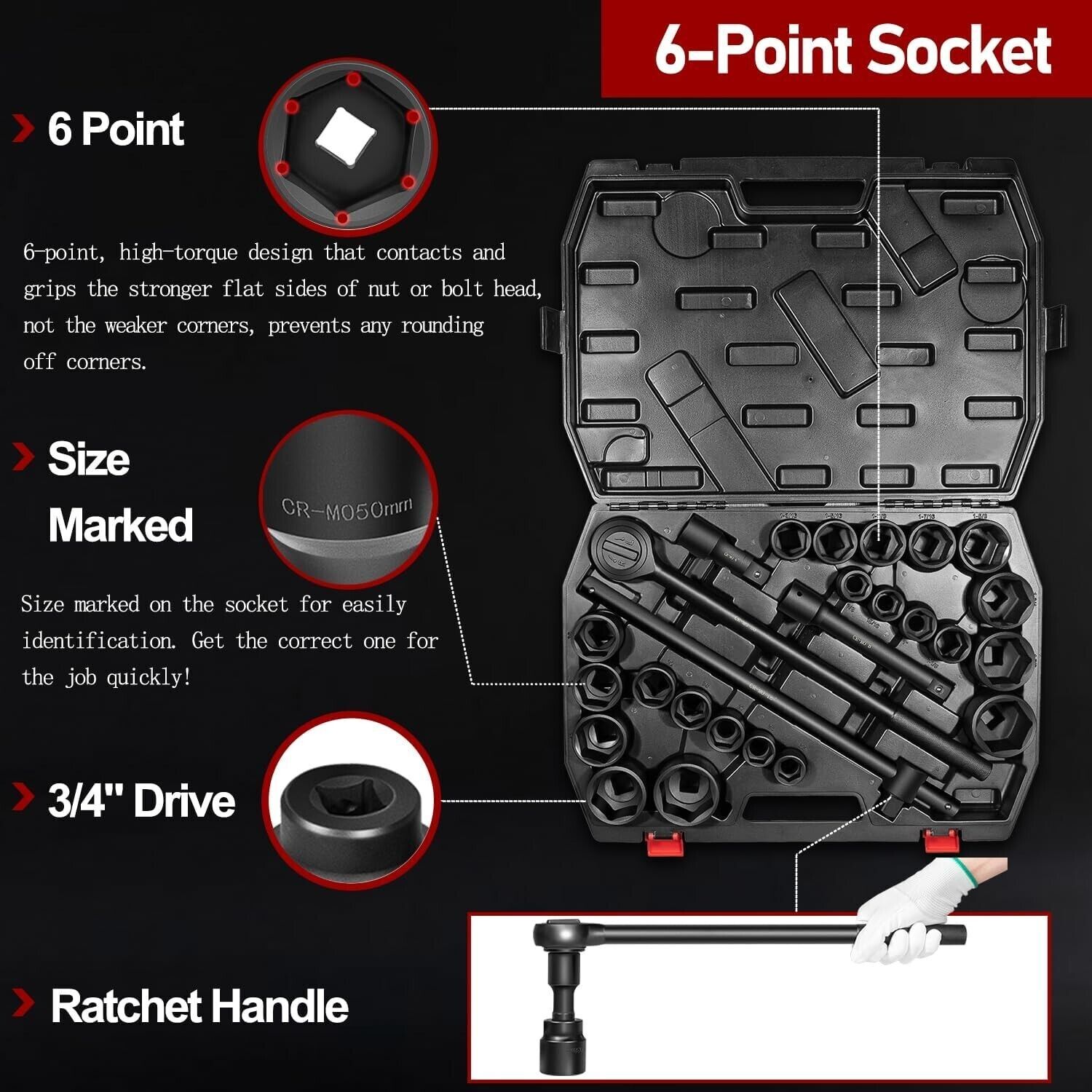 02499A 3/4″ Drive Impact Socket 27pcs SAE 7/8″ to 2″ and Metric 22 to 50 mm Set