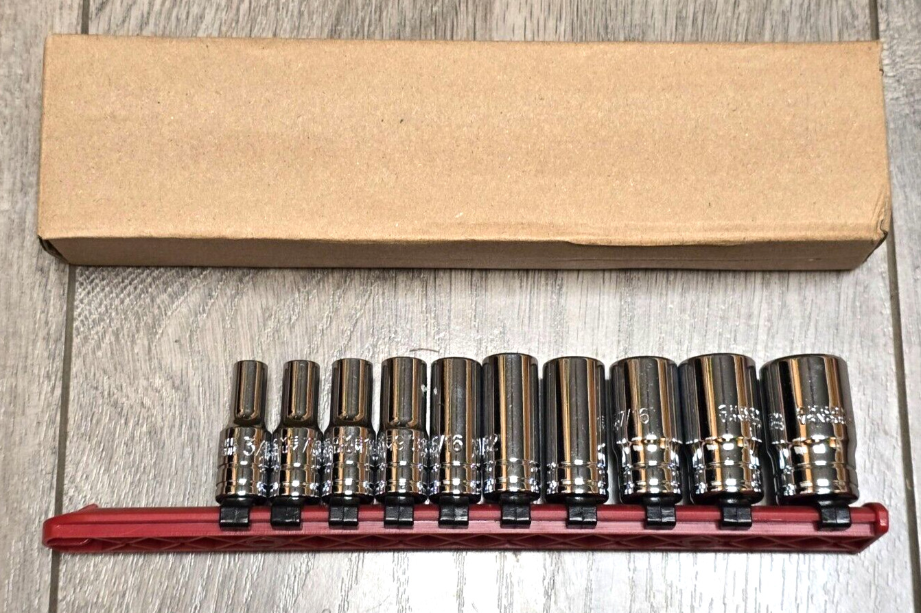 New 10 Piece 1/4″ dr 6 Point Mid Length / Semi-Deep Socket Set, SAE 3/16 to 9/16