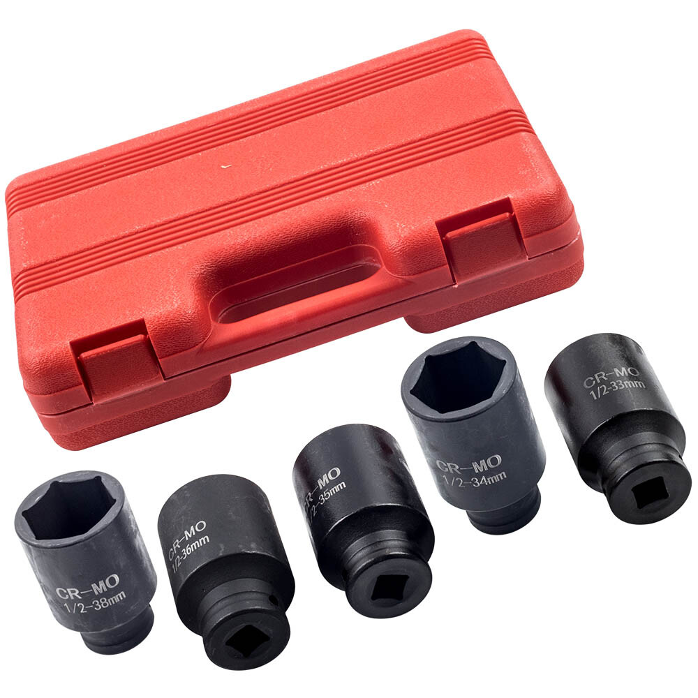 5x 1/2» Drive 6 POINT Deep Spindle Axle Nut Socket Kit 33 34 35 36 38mm