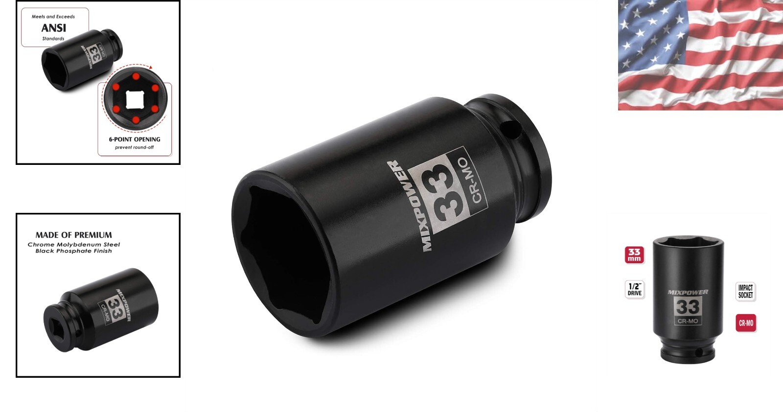 33 mm Impact Grade Socket, 1/2″ Drive, Chrome Molybdenum Steel, 6-Point Design