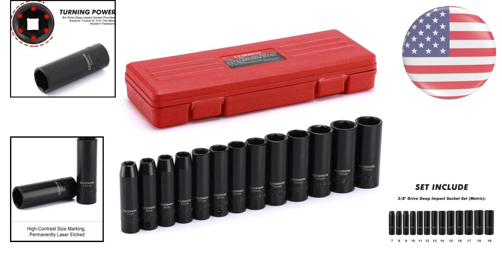 Heavy Duty 3/8-Inch Drive Metric Deep Socket Set – 13 Pieces, ANSI Certified