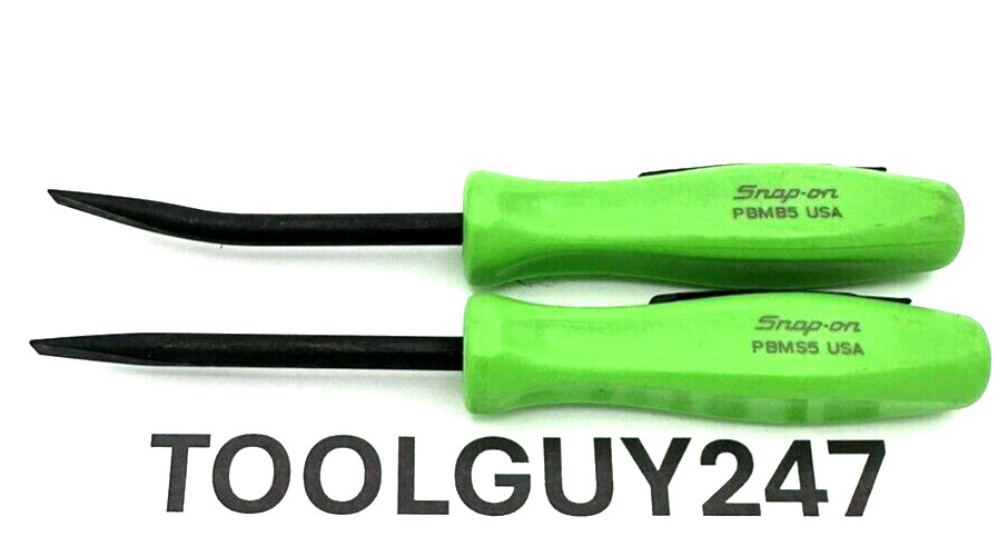 SNAP ON TOOLS POCKET PRY BAR SET STRAIGHT + BENT BLADE PBMB5 G GREEN HANDLES 5″