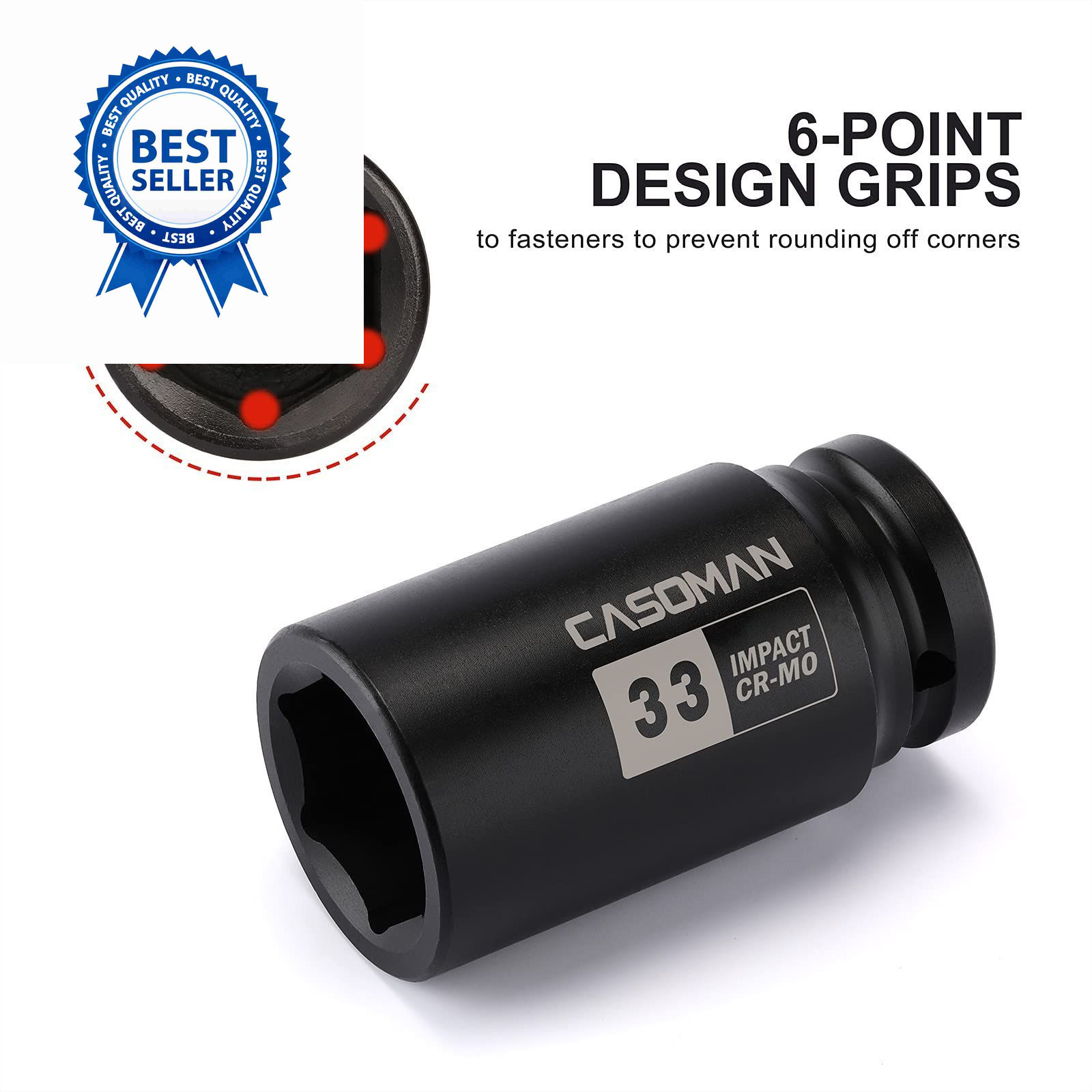 CASOMAN 3/4″ Drive x 33 mm Deep 6 PT Impact Socket, CR-MO, 3/4-inch 33mm