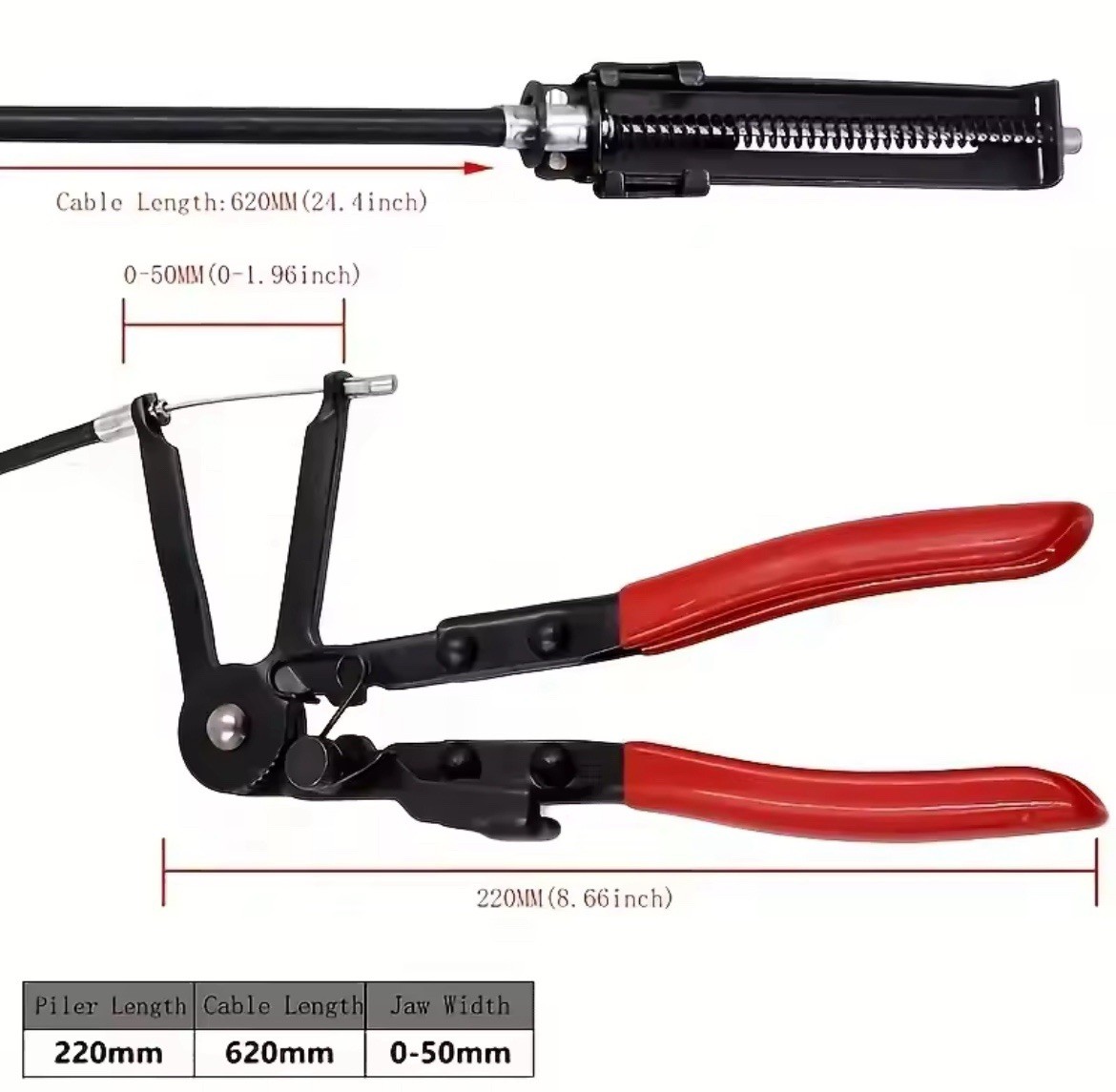 Hose Clamp Pliers 220mm with 620mm Cable, 0-50mm Jaw, Automotive Tool