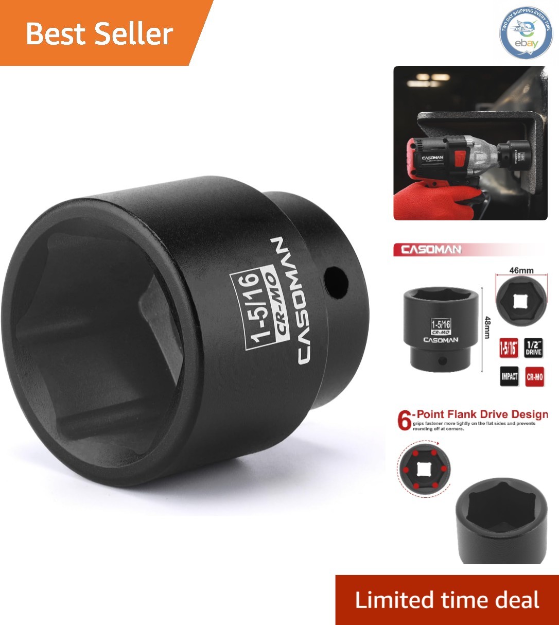 Heavy-Duty 1/2″ Drive Impact Socket, 1-5/16″ – 6-Point CR-MO with Laser Markings