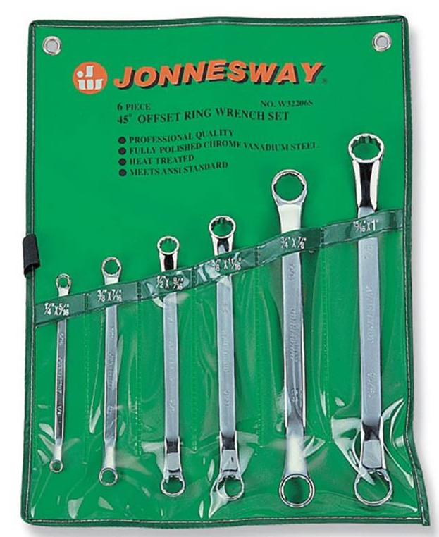 Jonnesway W32206S 6Pc 45º Offset Ring Wrench Set SAE 1/4″ to 1″ ANSI/ASME B107.6
