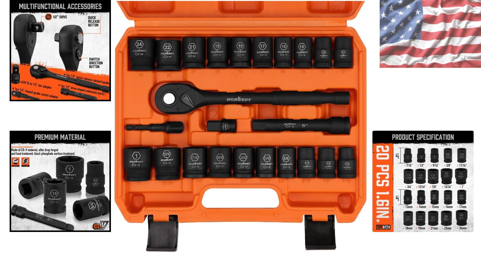 Durable 24-Piece Impact Socket Set with Laser Markings for Quick Size Selection