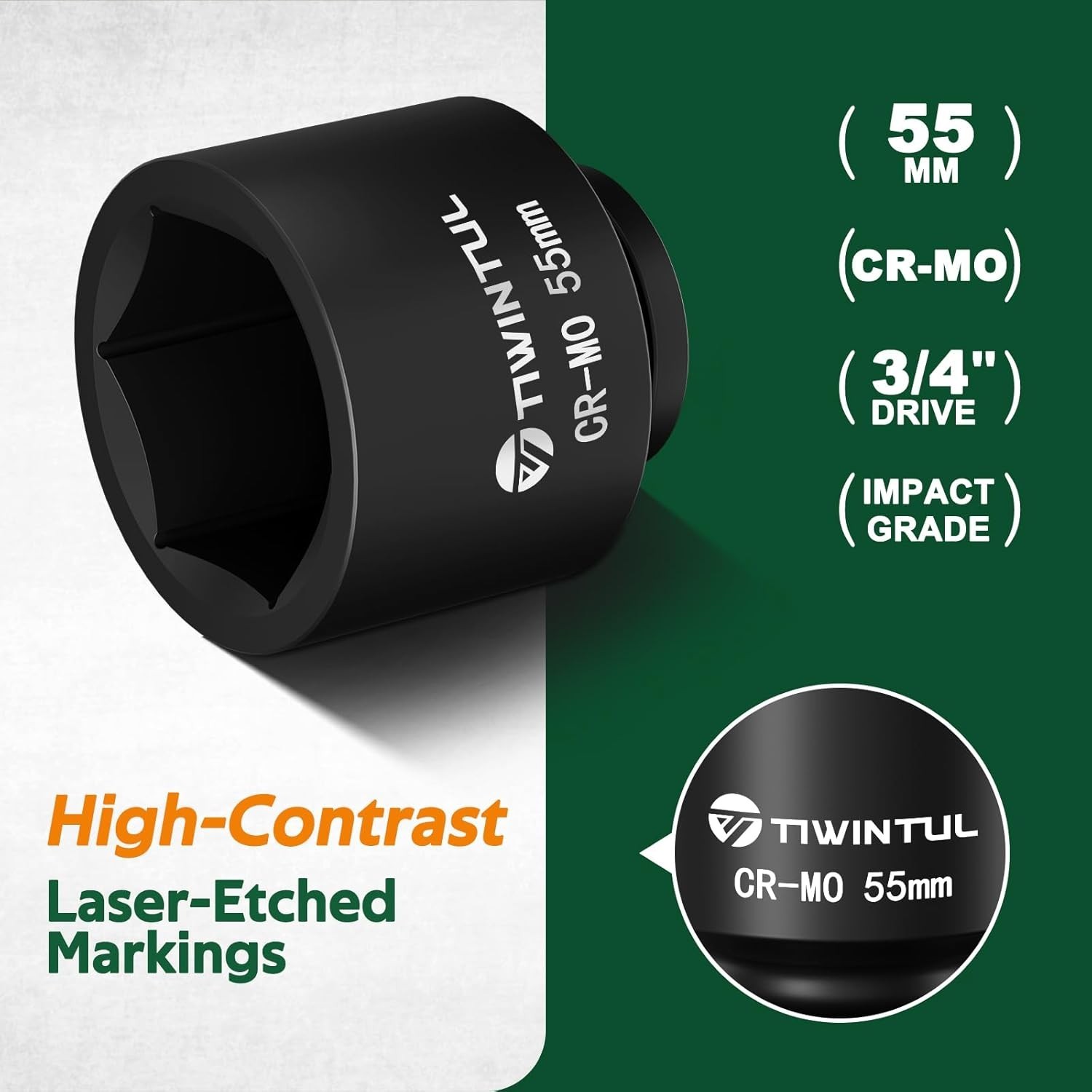 3/4 Inch Drive Impact Socket 55mm Hex 6-Point Chrome Molybdenum Steel Auto