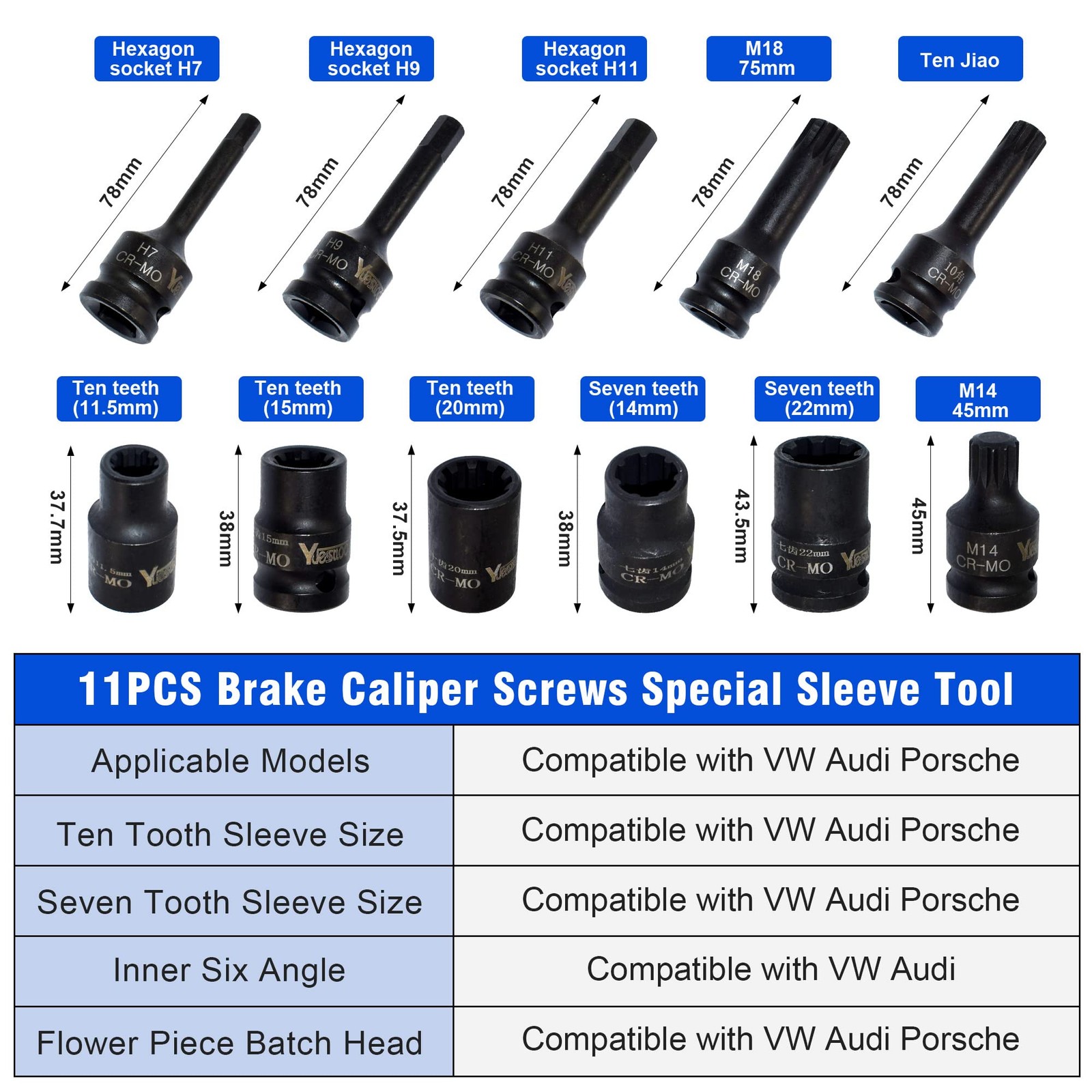 Yuesstloo 11PCS Brake Caliper Socket Kit, 1/2″ Square Drive Wrench 11pcs