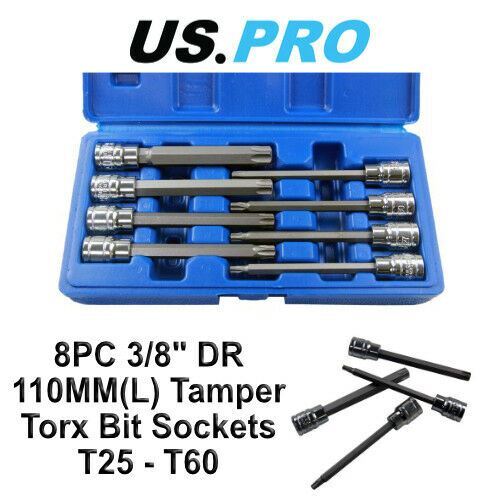 US PRO 8pc 3/8»dr Star Bit Socket Set, Long Torx Tamper, Security set T25 – T60