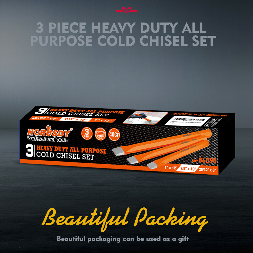 3 PC Cold Chisels Set – Long 8″ 10″ 12″ with Roll Pouch 1″ 7/8″ 25/32″ Hex Shaft