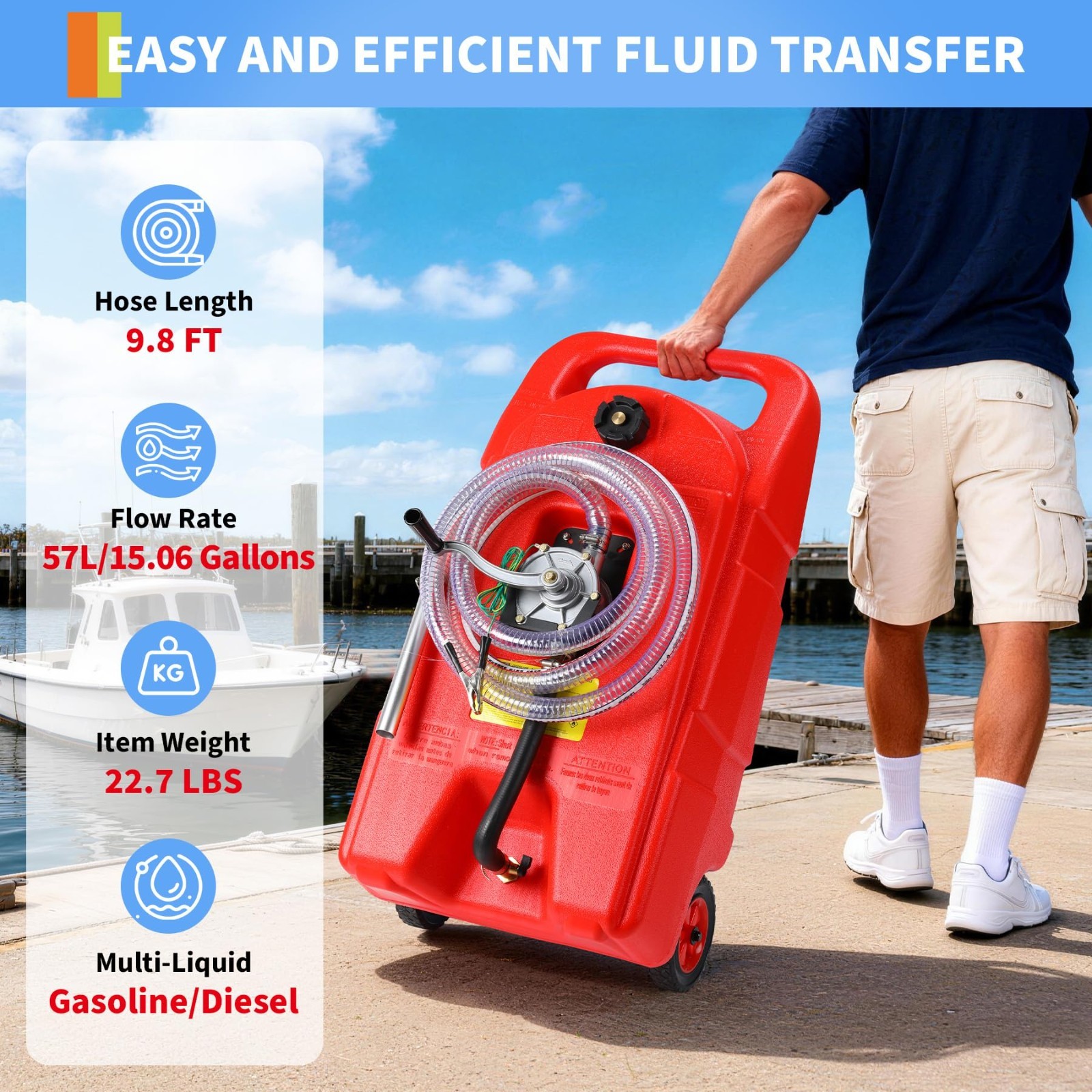 Portable Fuel Tank 15 Gallon with Pump Rubber Tires Gas Caddy Lawn Mower Tool