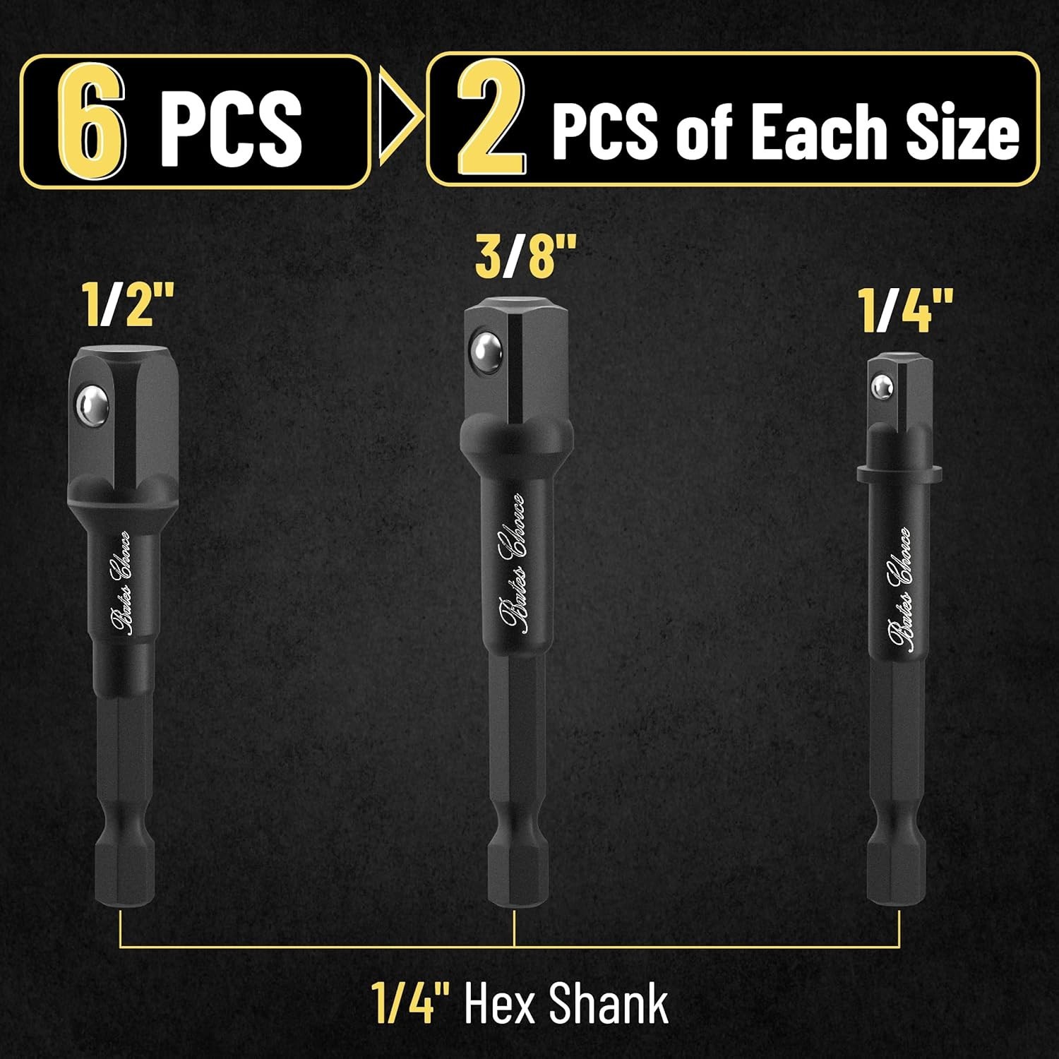 Hex Shank Impact Driver Adapter Set 6 Piece Bates Cr-V 1/4 3/8 1/2 Tool Durable