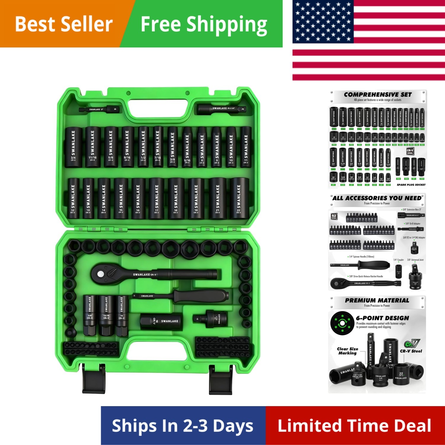 105-Piece 3/8″ Drive Impact Socket Set, SAE 5/16 to 3/4 inch and Metric 8-22m…