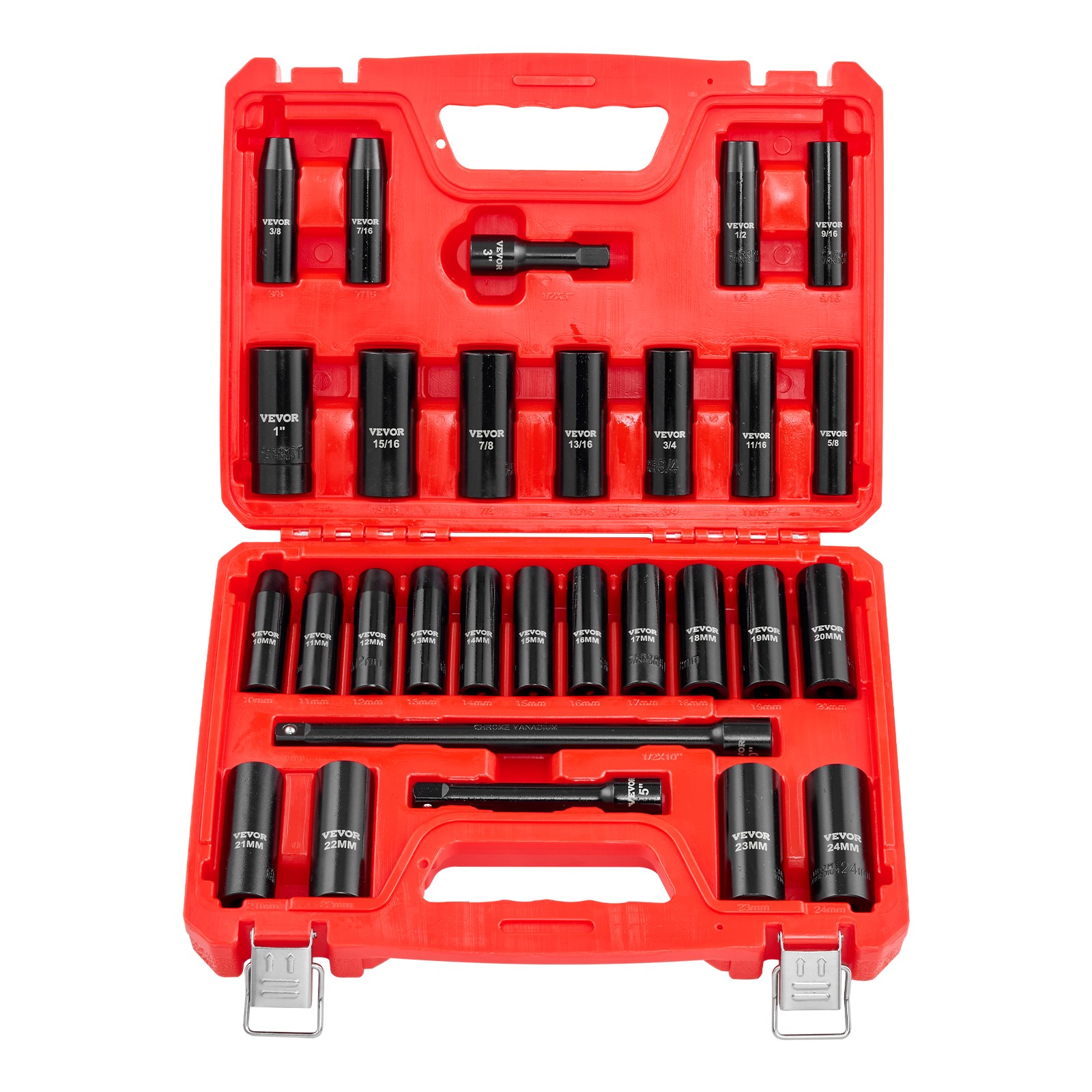 VEVOR 1/2 in Drive Impact Socket Set 29 Piece SAE 3/8 in-1 in Metric 10-24 mm