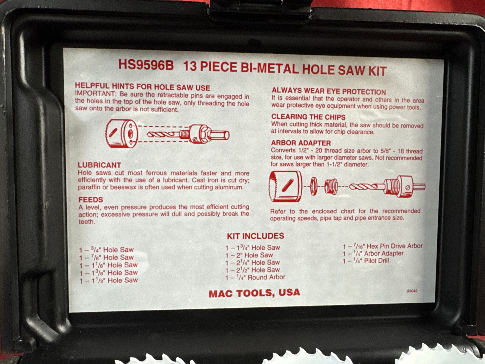 MAC-TOOLS 13 PIECE HOLE SAW KIT NUMBER HS9596B WITH CASE EXCELLENT CONDITION