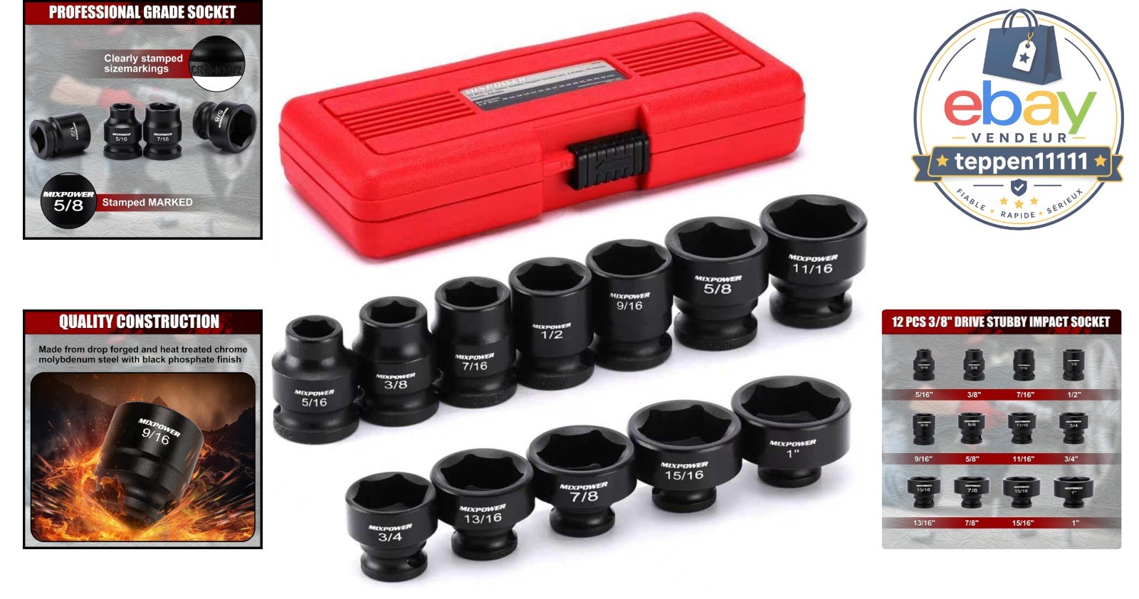 Piece Stubby Impact Socket Set 3/8″ Drive SAE 6-Point