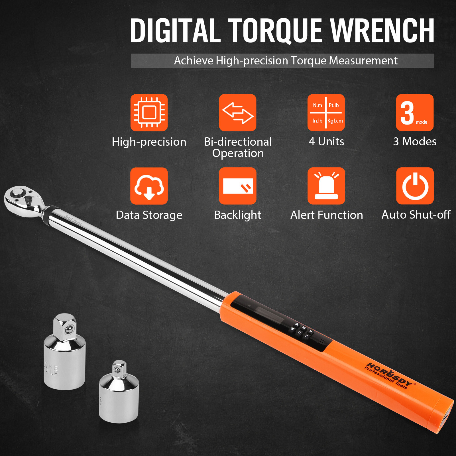 1/2″ Digital Ratchets Torque Wrench 1/4 & 3/8 Adapter Kit Reversible 25-250ft.lb